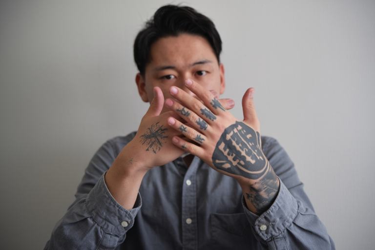 A photo of a Japanese man with hand tattoos. He is wearing a gray shirt and is against a white wall. The tattoos on his hands are of Japanese characters and are intricately designed. The background is clean and simple.