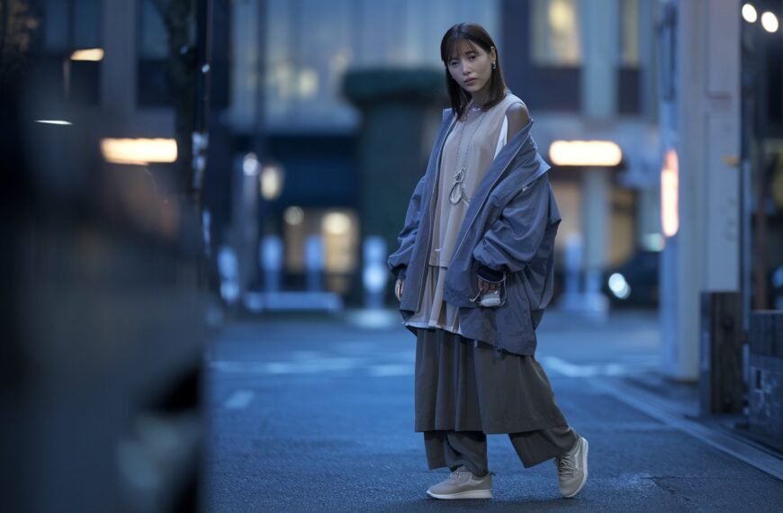 A Japanese woman wearing stylish modern streetwear, standing alone in an urban city street.