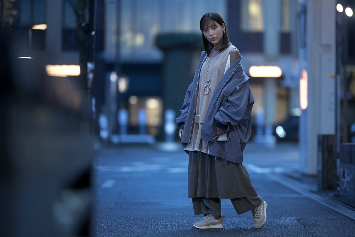 Japanese Streetwear Trends: What's Hot 2026! 1 A Japanese woman wearing stylish modern streetwear, standing alone in an urban city street.