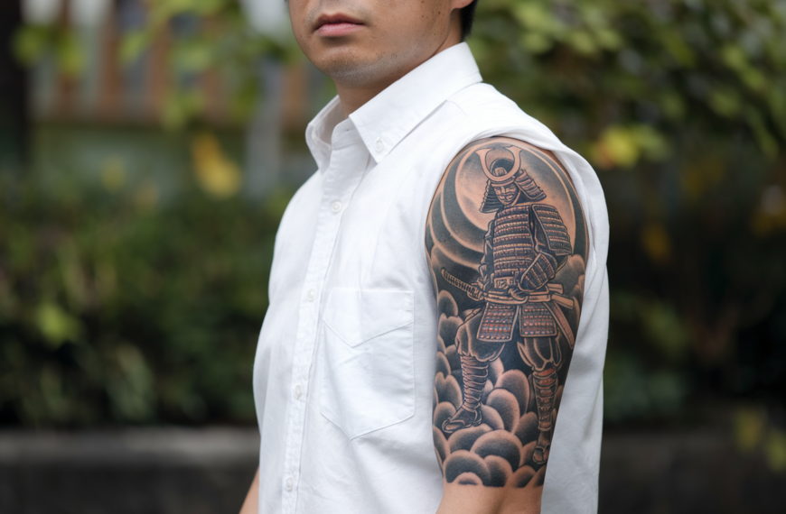A medium shot of a Japanese man with a half sleeve tattoo of a Samurai on his arm. The man is wearing a white shirt and has short black hair. The tattoo is intricately detailed, with the Samurai holding a sword and standing on a cloud. The background is blurred and consists of greenery.