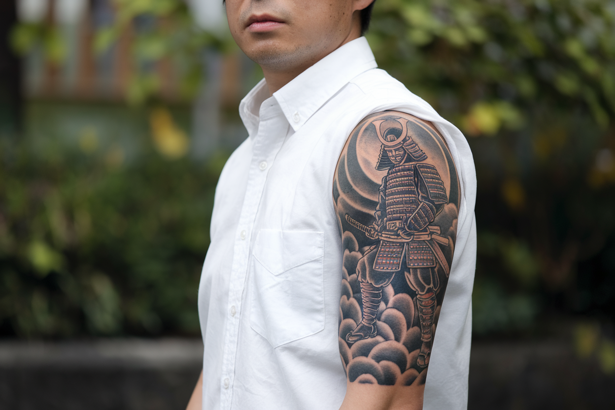 The Best Japanese Half Sleeve Tattoos 2026: 10+ Be the next Trendsetter! 1 A medium shot of a Japanese man with a half sleeve tattoo of a Samurai on his arm. The man is wearing a white shirt and has short black hair. The tattoo is intricately detailed, with the Samurai holding a sword and standing on a cloud. The background is blurred and consists of greenery.