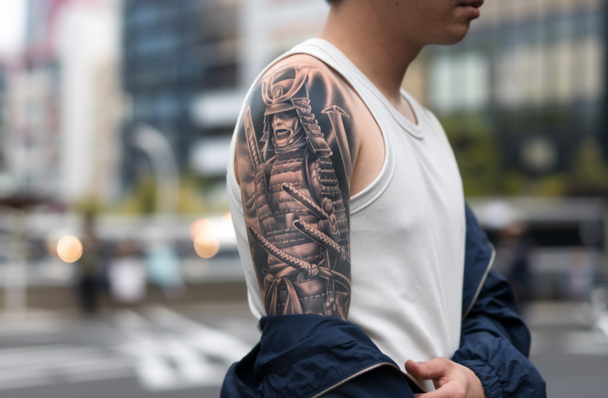 A photo of a Japanese man with a full sleeve tattoo of samurai warriors on his arm. The tattoo is in black ink, and it covers his entire arm from shoulder to wrist. The man is wearing a white shirt and a dark blue jacket. The background is blurred, showing a city with tall buildings.