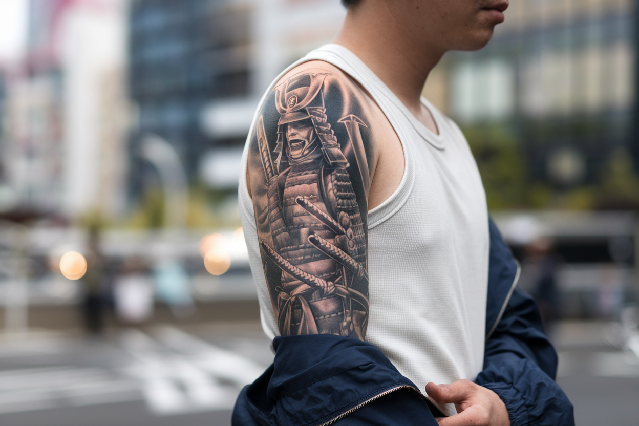 A photo of a Japanese man with a full sleeve tattoo of samurai warriors on his arm. The tattoo is in black ink, and it covers his entire arm from shoulder to wrist. The man is wearing a white shirt and a dark blue jacket. The background is blurred, showing a city with tall buildings.