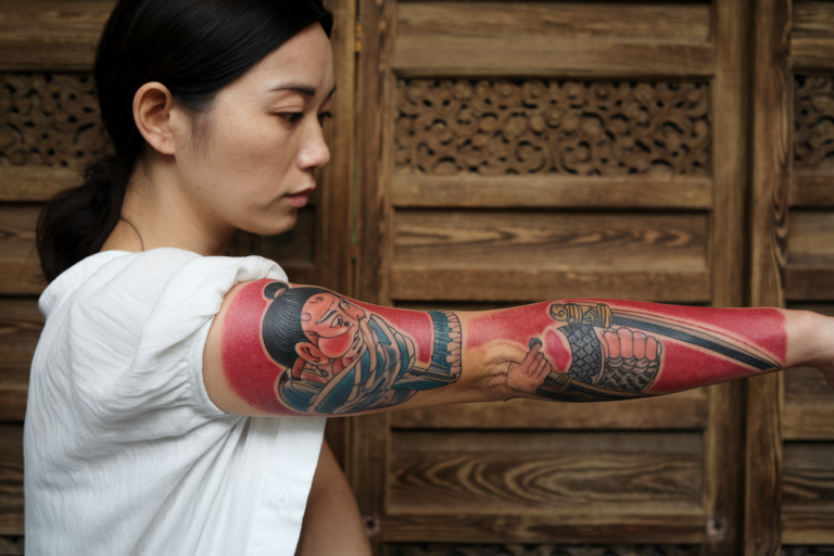 A photo of a Japanese woman with a traditional Samurai tattoo on her forearm. The tattoo has a crimson hue and is of a samurai warrior with a topknot hairstyle. The warrior holds a sword and a shield. The woman is wearing a white shirt and has her hair tied back. The background is a wooden panel with intricate carvings.