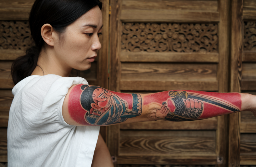 A photo of a Japanese woman with a traditional Samurai tattoo on her forearm. The tattoo has a crimson hue and is of a samurai warrior with a topknot hairstyle. The warrior holds a sword and a shield. The woman is wearing a white shirt and has her hair tied back. The background is a wooden panel with intricate carvings.