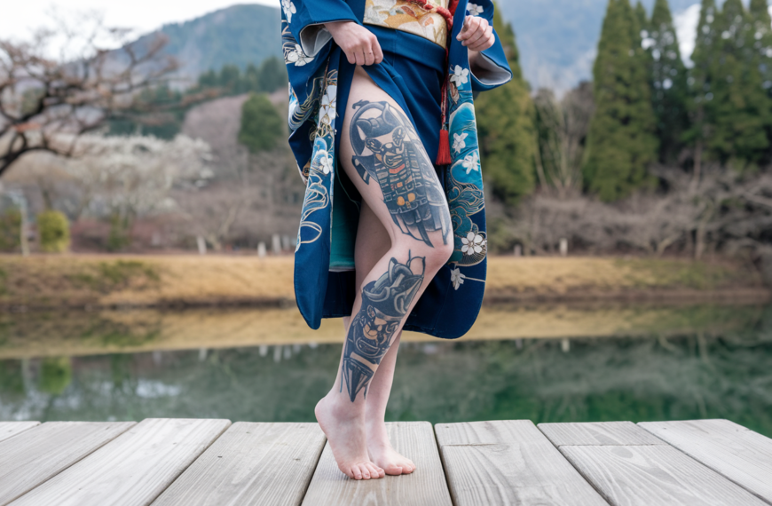 A photo of a Japanese woman with a large Samurai tattoo on her leg. She is wearing a traditional Japanese kimono and is standing on a wooden platform. The background is a serene landscape with mountains, trees, and a body of water.