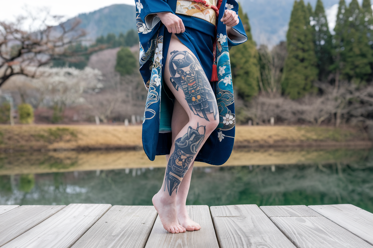 A photo of a Japanese woman with a large Samurai tattoo on her leg. She is wearing a traditional Japanese kimono and is standing on a wooden platform. The background is a serene landscape with mountains, trees, and a body of water.