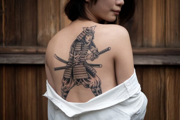 A Japanese woman with a minimalist Samurai tattoo, her face clearly visible in the frame.