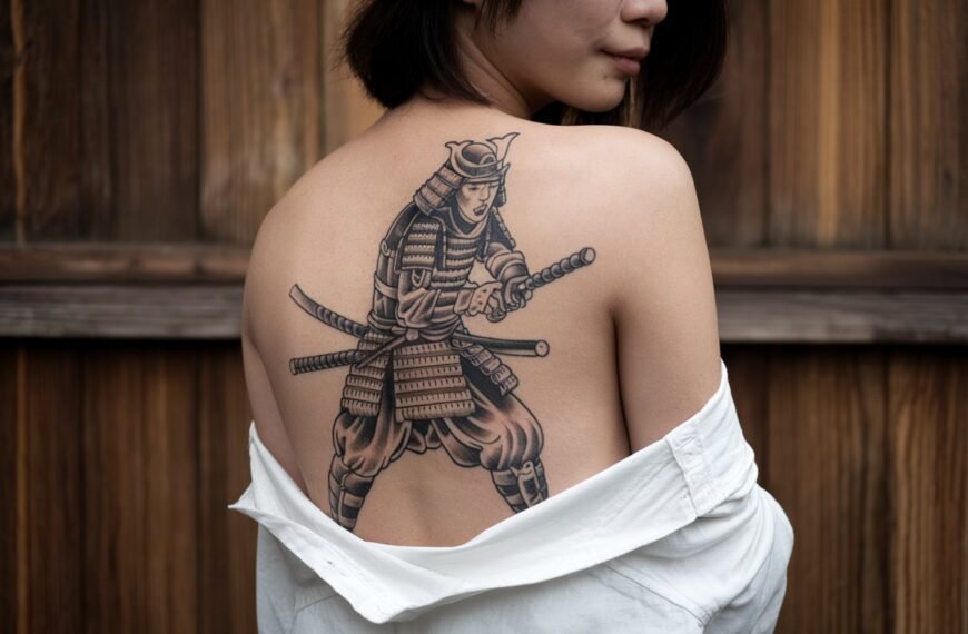 A Japanese woman with a minimalist Samurai tattoo, her face clearly visible in the frame.