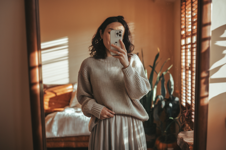 Japanese woman taking a mirror selfie wearing a cozy knit sweater paired with a soft midi skirt, warm natural lighting — japanese women autumn fashion.