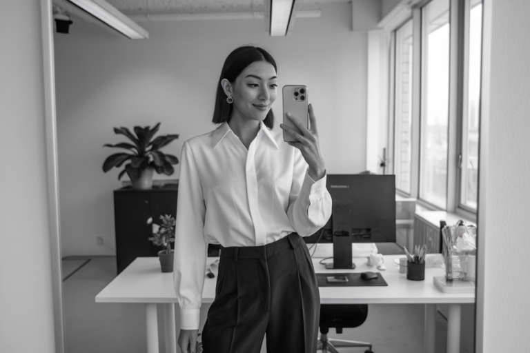 japanese Woman taking a mirror selfie wearing an executive minimalist blouse outfit with sharp tailoring, refined office environment — women business blouse minimalist style.