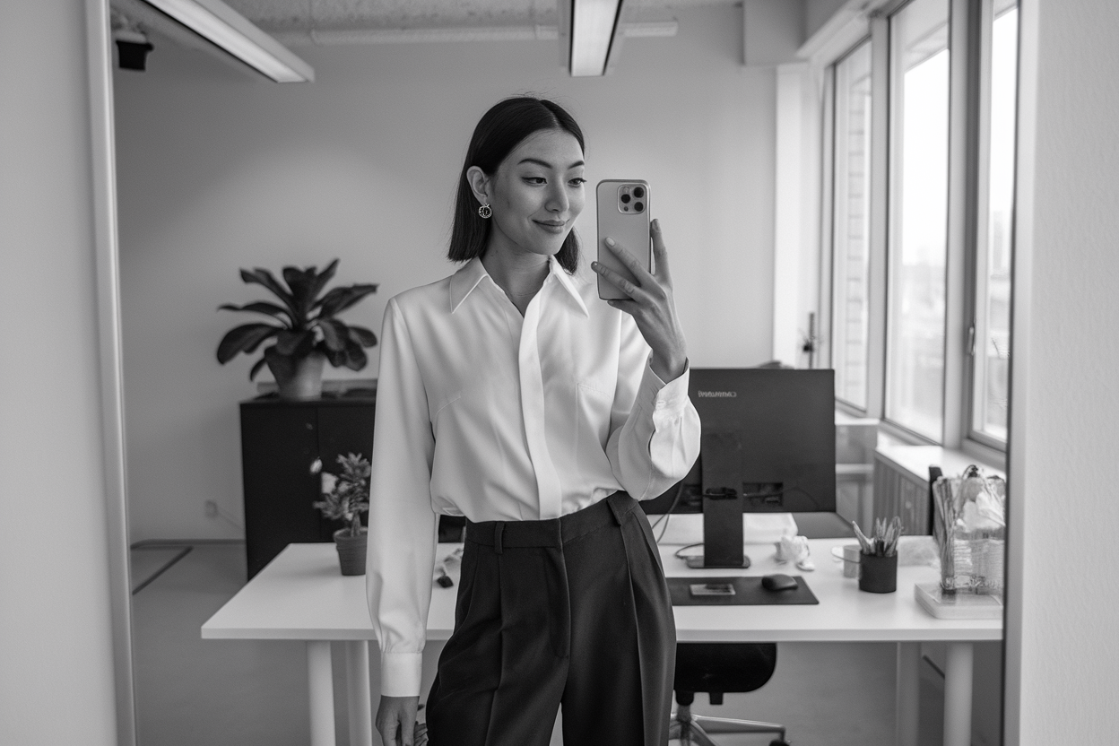 japanese Woman taking a mirror selfie wearing an executive minimalist blouse outfit with sharp tailoring, refined office environment — women business blouse minimalist style.