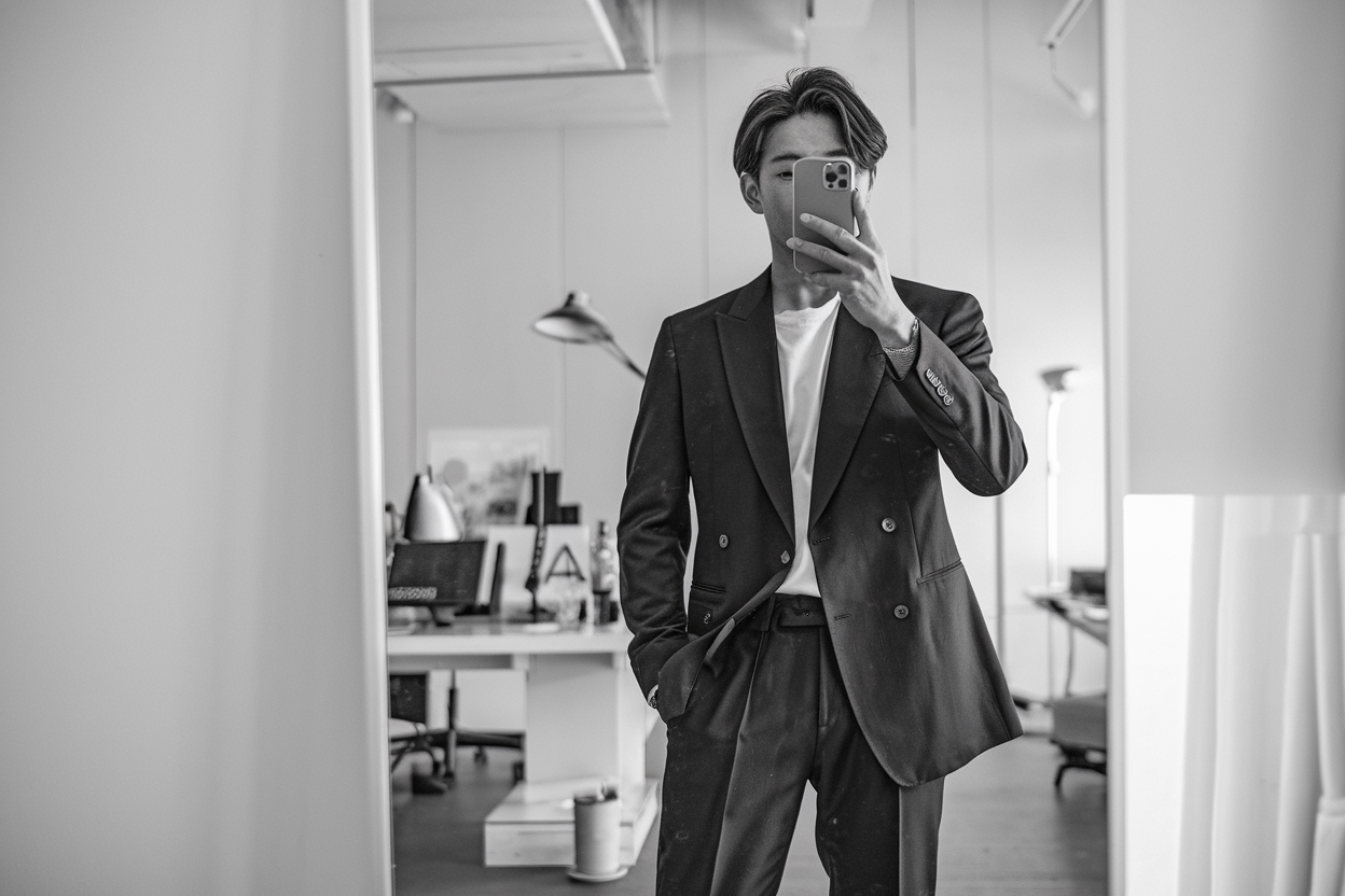 Japanese man taking a mirror selfie wearing monochrome business-casual streetwear with tailored trousers and a structured blazer, clean minimal interior — japanese mens business casual.