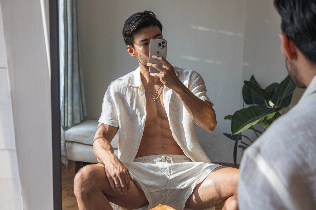 Japanese man taking a mirror selfie wearing a lightweight linen summer shirt and relaxed-fit shorts, soft natural lighting — japanese mens summer outfits.