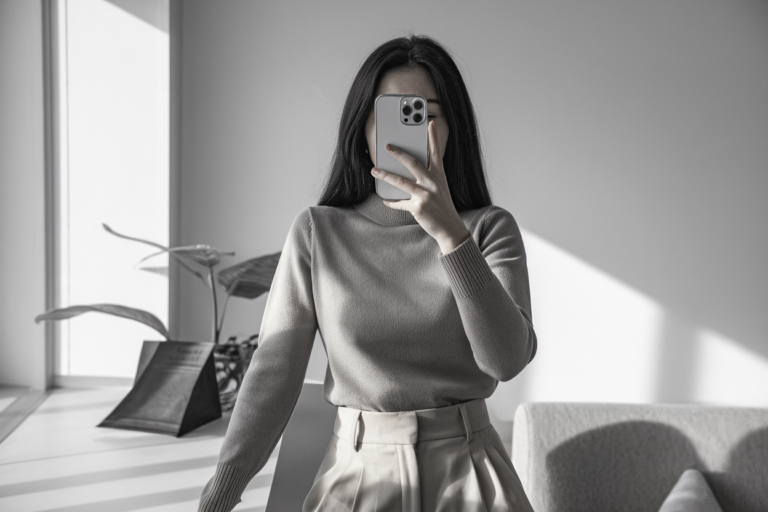 Japanese woman taking a mirror selfie, her face not visible, wearing a fine-knit business pullover styled with tailored trousers. The phone covers her face completely. Soft natural light, clean minimal interior, refined and professional office atmosphere — women business knit pullover style.