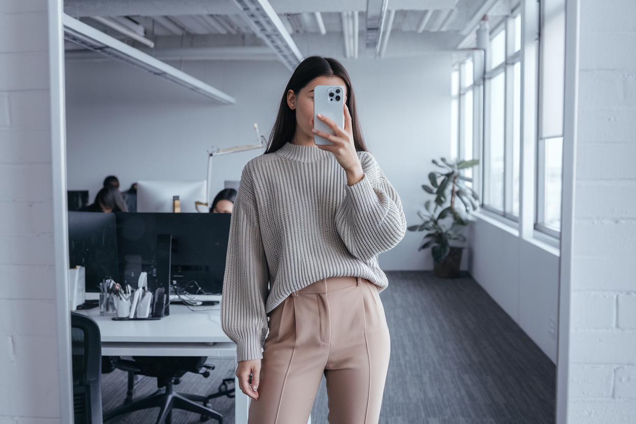 japanese Woman taking a mirror selfie wearing a minimalist knit sweater with tailored trousers, clean office interior — women business knitwear outfits.