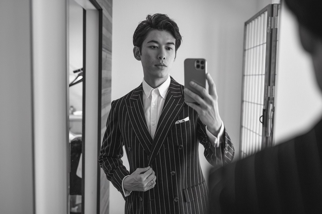 Tokyo Mens Designer Fashion: 5 Premium Looks Featuring Statement Jackets 2026! 1 Japanese man taking a mirror selfie wearing a premium tailored designer jacket with clean lines and luxurious material — tokyo mens designer fashion.