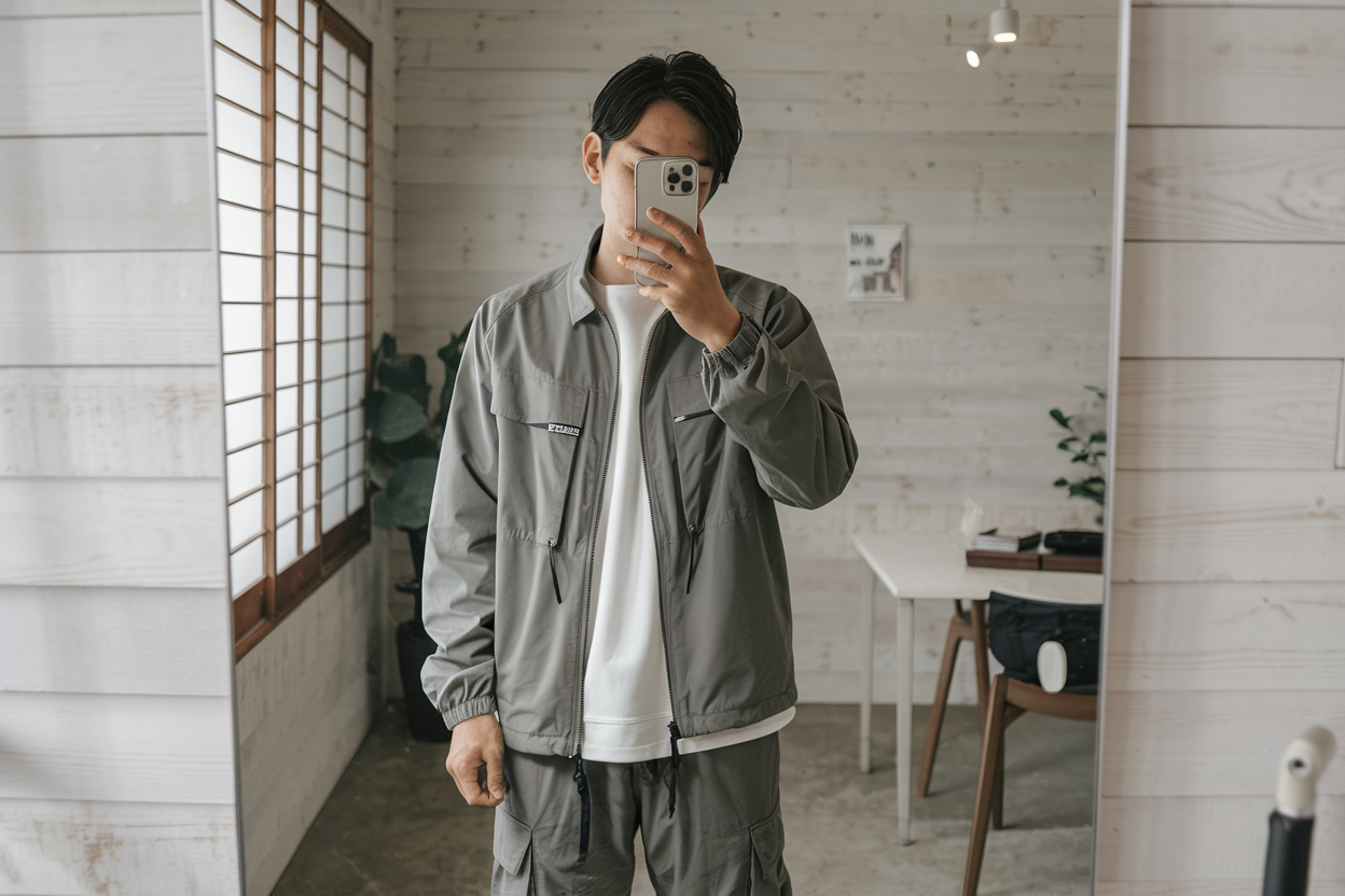 Japanese man taking a mirror selfie wearing a functional lightweight jacket with modern cargo pants, clean minimal interior — japanese mens techwear outfits.