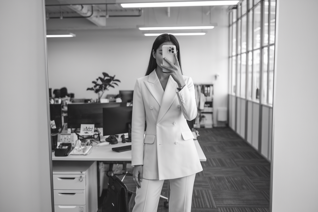 Women Monochrome Business Outfits: 5 Clean Office Looks 2026! 1 Japanese woman taking a mirror selfie wearing an all-white monochrome business outfit with tailored trousers, clean office interior — women monochrome business outfits.