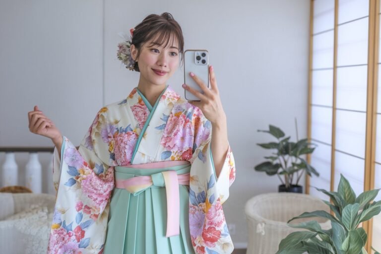 Japanese Women Kimono Fashion: 5 Timeless Traditional Looks 2026! 8 Japanese woman taking a mirror selfie wearing a floral-patterned kimono with a pastel obi belt, clean gentle lighting — japanese women kimono fashion.