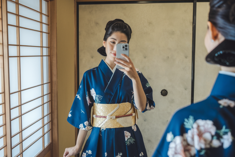 Japanese woman taking a mirror selfie wearing a modern dress with an obi-inspired belt and subtle traditional accents — japanese women traditional clothing.