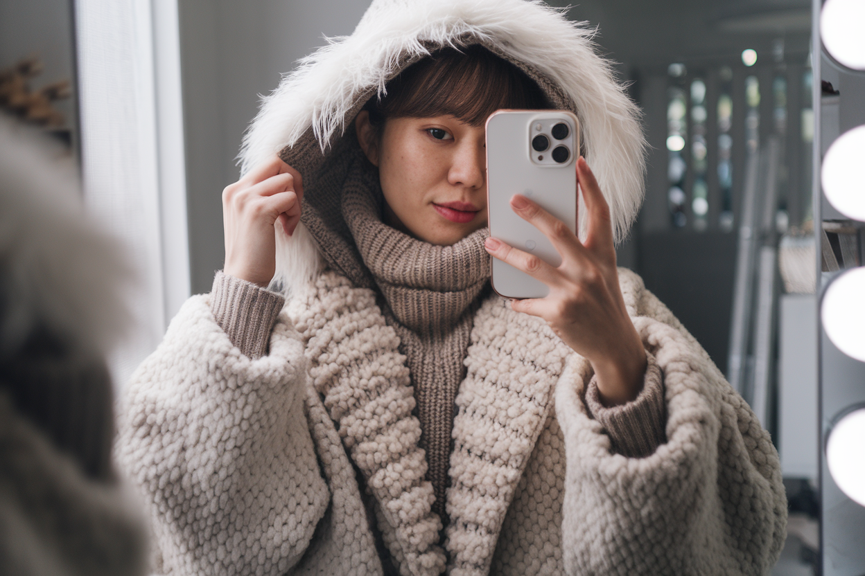 Japanese Women Winter Streetwear: 10 Modern Cold-Weather Styles 2026! 1 Japanese woman taking a mirror selfie wearing an oversized wool winter coat and textured knit layers, soft natural lighting — japanese women winter streetwear.