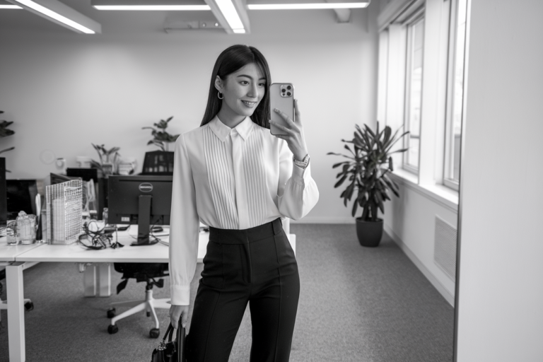 Women Black and White Office Outfits: 5 Classic Looks with Timeless Contrast 2026! 9 Japanese woman taking a mirror selfie wearing an executive black-and-white power outfit with sharp tailoring, refined bright space — women black and white office outfits.