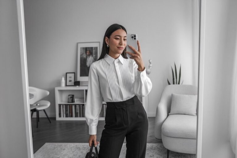 Japanese woman taking a mirror selfie wearing an executive business blouse outfit with elegant fabrics, calm professional setting — women business blouse outfits.