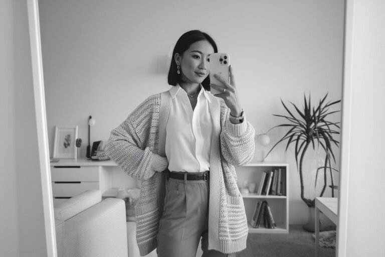 Japanese woman taking a mirror selfie wearing an executive business cardigan outfit with refined layering, calm professional setting — women business cardigan outfits.