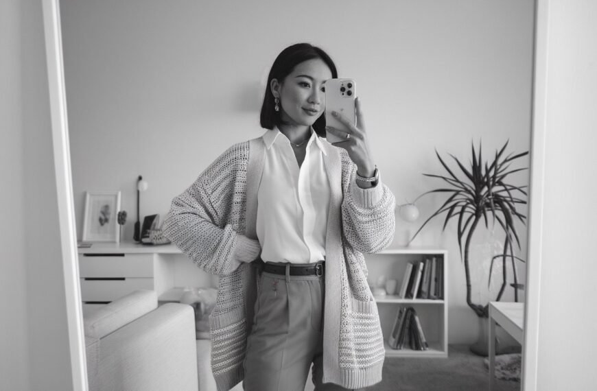 Latest Articles 60 Japanese woman taking a mirror selfie wearing an executive business cardigan outfit with refined layering, calm professional setting — women business cardigan outfits.