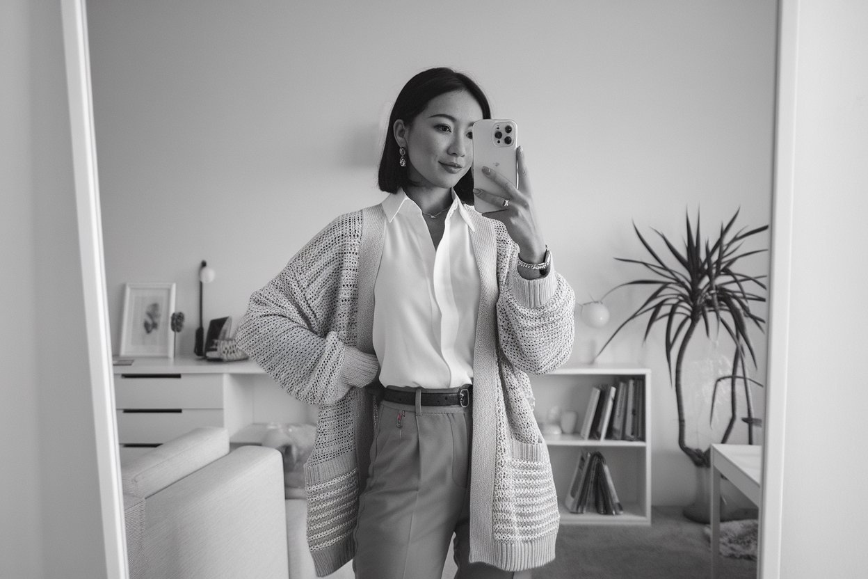 Women Business Cardigan Outfits: 5 Office Looks with Lightweight Layers 2026! 1 Japanese woman taking a mirror selfie wearing an executive business cardigan outfit with refined layering, calm professional setting — women business cardigan outfits.