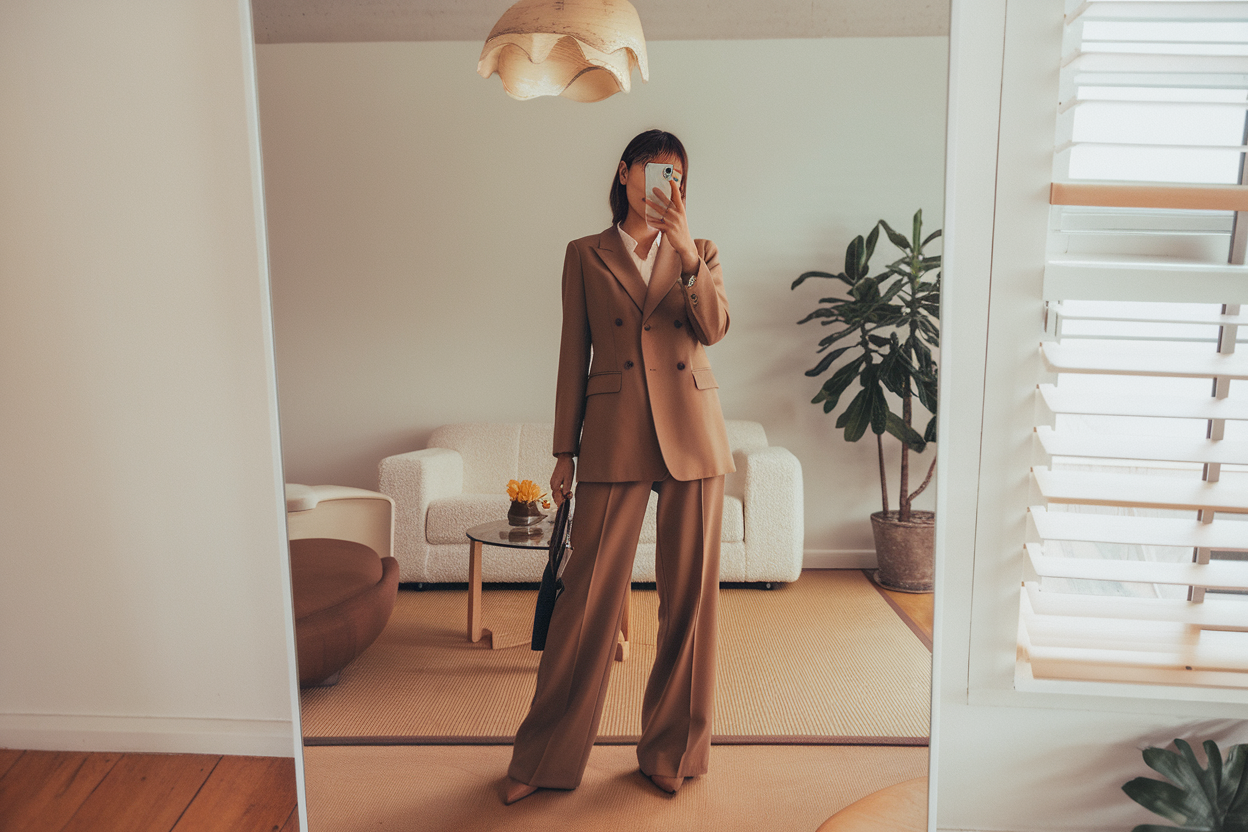 Japanese woman taking a mirror selfie wearing an earth-tone executive office outfit with structured tailoring, calm professional setting — women business outfits earth tones.