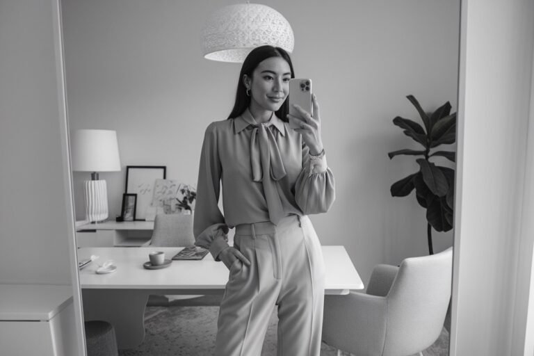 Women Business Outfits Soft Fabrics: 5 Elegant Office Looks with Flow 2026! 15 Japanese woman taking a mirror selfie wearing an executive office outfit made from flowing fabrics with refined tailoring, calm professional setting — women business outfits soft fabrics.
