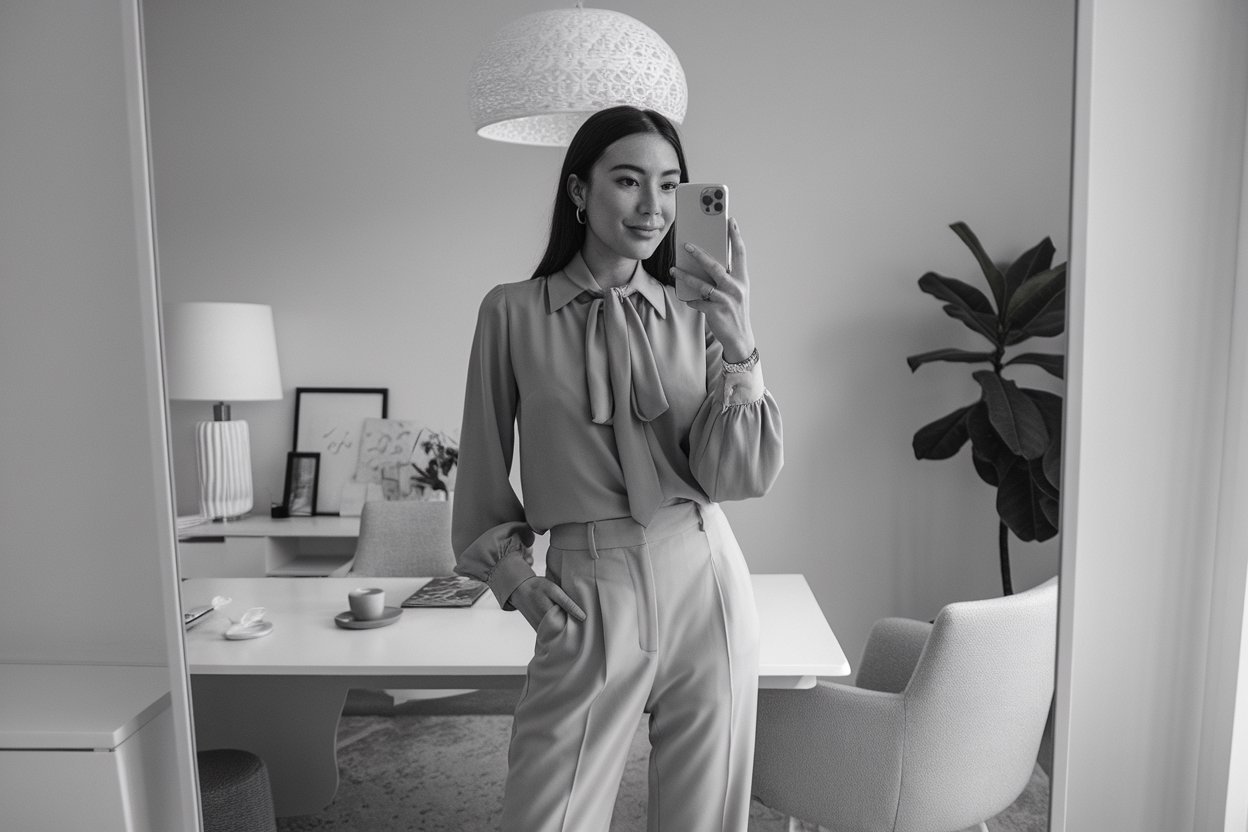 Women Business Outfits Soft Fabrics: 5 Elegant Office Looks with Flow 2026! 1 Japanese woman taking a mirror selfie wearing an executive office outfit made from flowing fabrics with refined tailoring, calm professional setting — women business outfits soft fabrics.