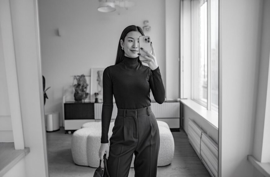 Latest Articles 58 Japanese woman taking a mirror selfie wearing an executive minimalist turtleneck office outfit with refined styling, calm professional setting — women business turtleneck outfits.