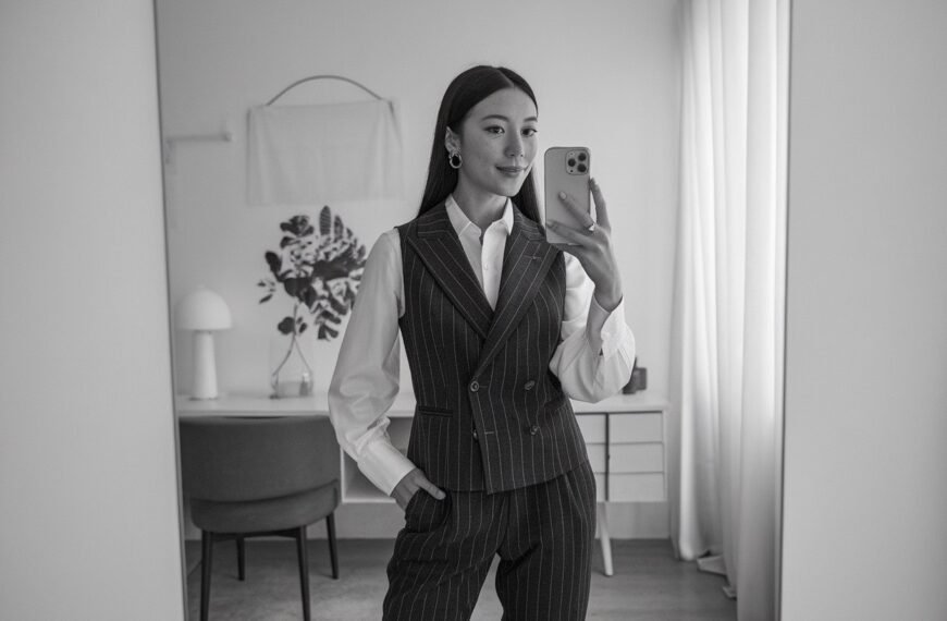 Latest Articles 56 Japanese woman taking a mirror selfie wearing an executive business vest power outfit with refined tailoring, calm professional setting — women business vest outfits.