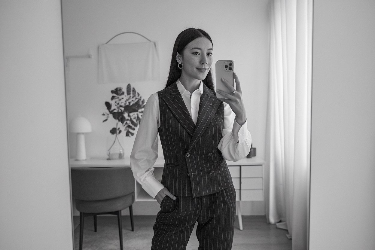 Women Business Vest Outfits: 5 Looks with Tailored Layering 2026! 1 Japanese woman taking a mirror selfie wearing an executive business vest power outfit with refined tailoring, calm professional setting — women business vest outfits.