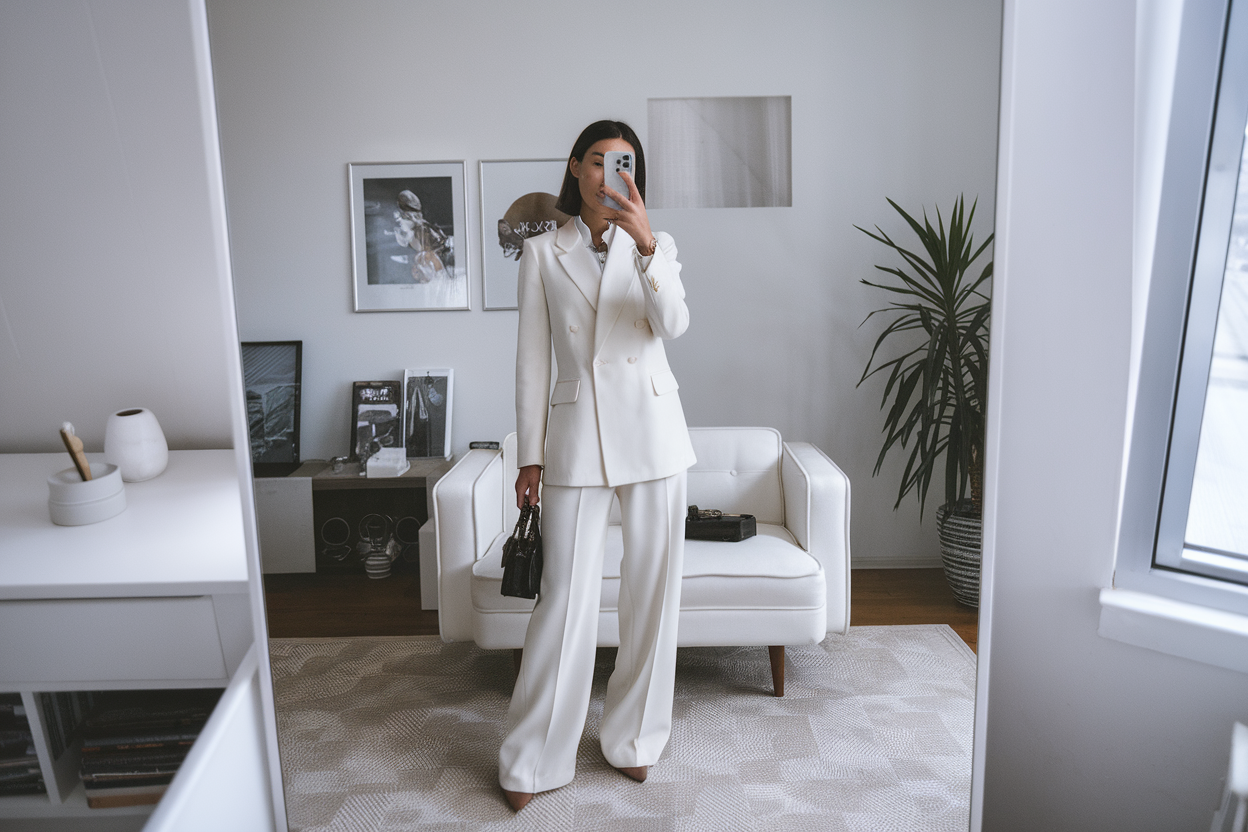 Japanese woman taking a mirror selfie wearing an executive clean-cut office look with reduced details, calm professional setting — women clean cut office wear.