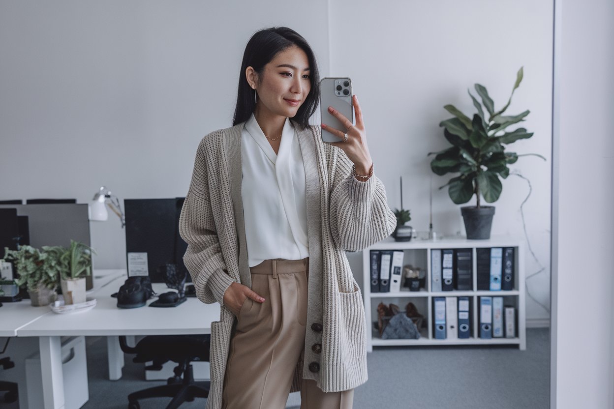 Women Elegant Business Cardigan Style: 5 Refined Office Looks 2026! 1 Japanese woman taking a mirror selfie wearing an executive cardigan business outfit layered over a refined blouse, minimalist professional setting — women elegant business cardigan style.