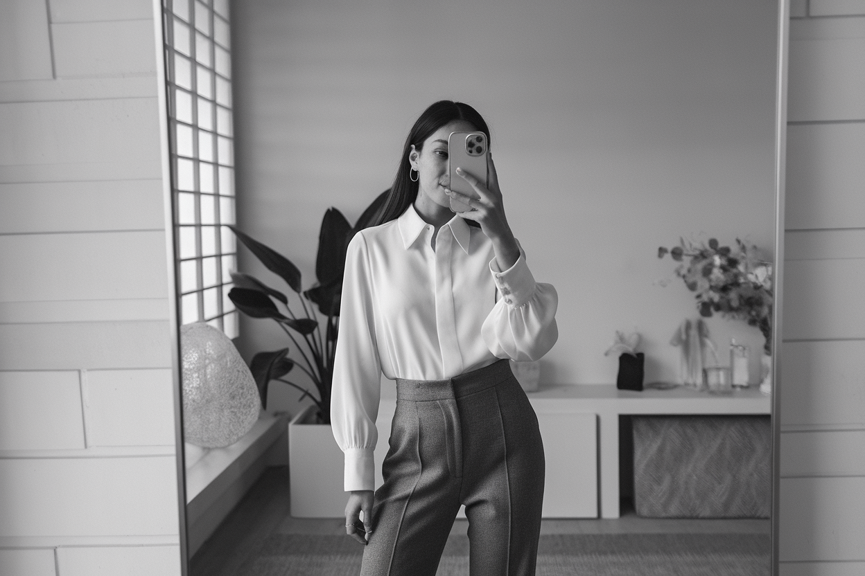 Japanese woman taking a mirror selfie wearing an executive luxury business outfit with premium materials, calm professional setting — women luxury business basics.