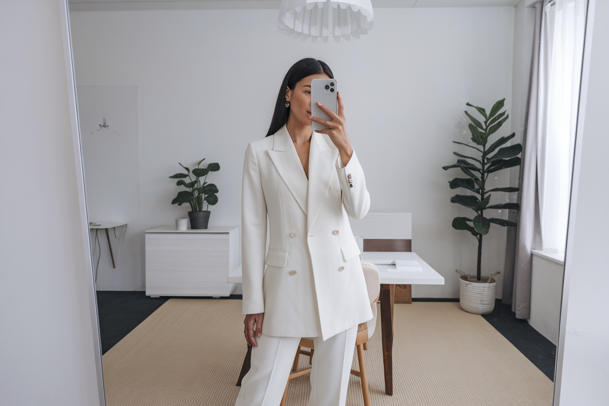 Japanese woman taking a mirror selfie wearing an executive minimalist office look with clean silhouettes, calm bright interior — women minimalist office fashion.