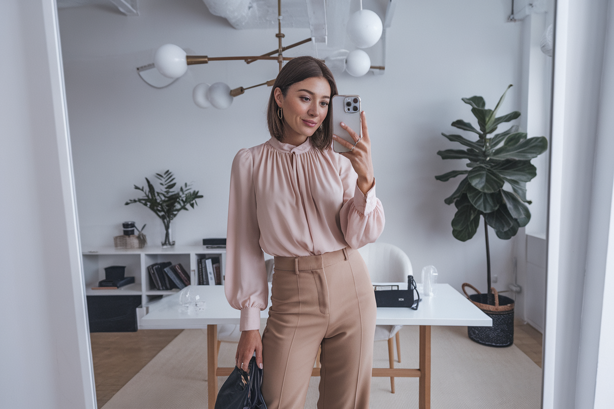 Japanese woman taking a mirror selfie wearing an executive feminine office outfit with professional elegance, calm bright interior — women modern feminine office style.