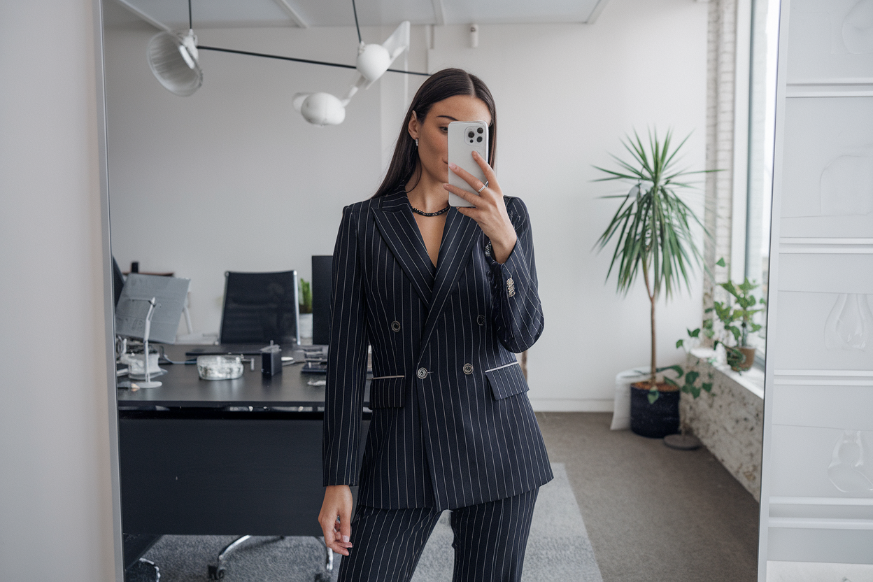 Japanese woman taking a mirror selfie wearing an executive structured office outfit with sharp tailoring, refined professional setting — women modern tailored office wear.