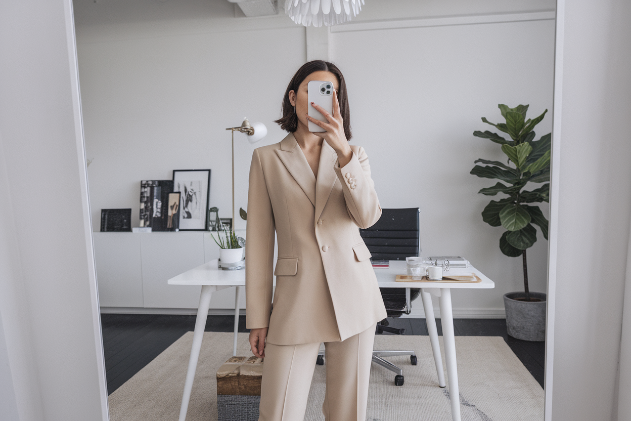 Women Neutral Tone Office Fashion: 5 Elegant Looks in Beige, Cream & Taupe 2026! 1 Japanese woman taking a mirror selfie wearing a soft neutral executive office outfit in beige and taupe, clean bright space — women neutral tone office fashion.