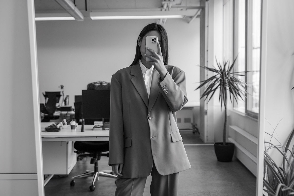 Japanese woman taking a mirror selfie wearing an executive oversized blazer power outfit with balanced proportions, refined professional setting — women oversized blazer business look.