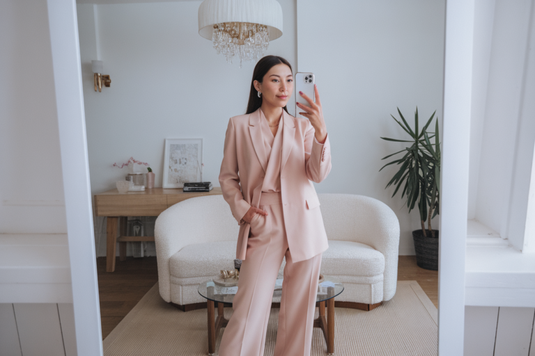 Women Pastel Business Look: 5 Soft Office Styles with Feminine Tailoring 2026! 10 Japanese woman taking a mirror selfie wearing a soft pastel executive office outfit with feminine tailoring, refined bright space — women pastel business look.