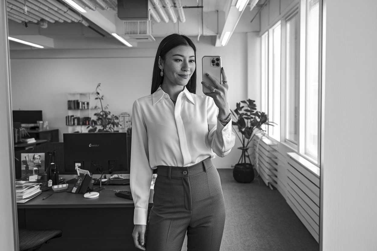 Women Silk Blouse Business Outfits: 5 Elegant Office Looks with Draping 2026! 1 Japanese woman taking a mirror selfie wearing an executive silk blouse office outfit with fluid drape, refined professional setting — women silk blouse business outfits.