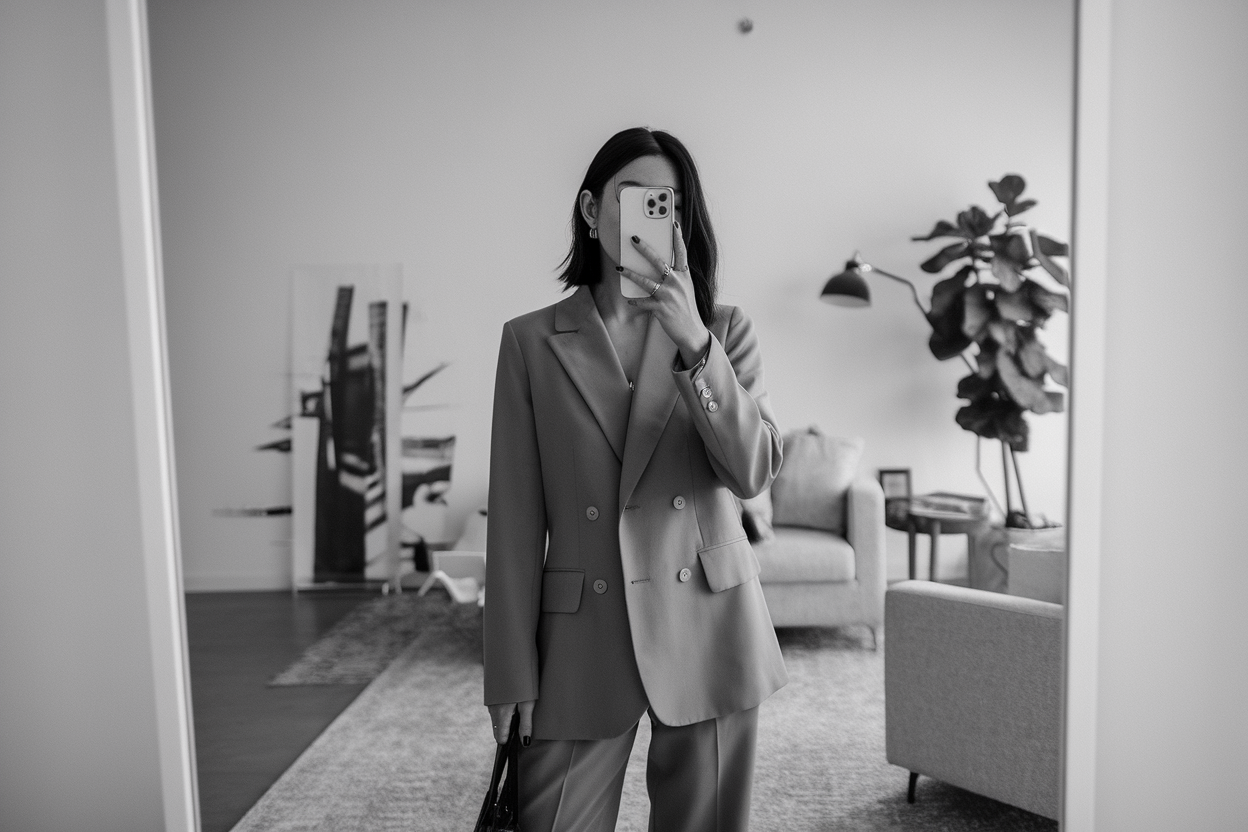 Japanese woman taking a mirror selfie wearing an executive smart casual office outfit with professional balance, calm refined setting — women smart casual office outfits.