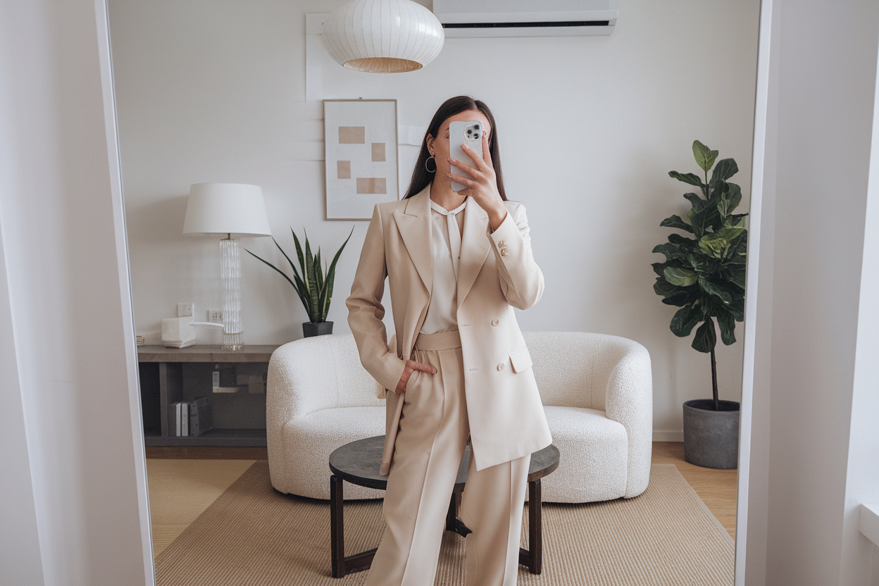 Japanese woman taking a mirror selfie wearing a soft beige executive office outfit with refined tailoring, calm professional setting — women soft beige business outfits.