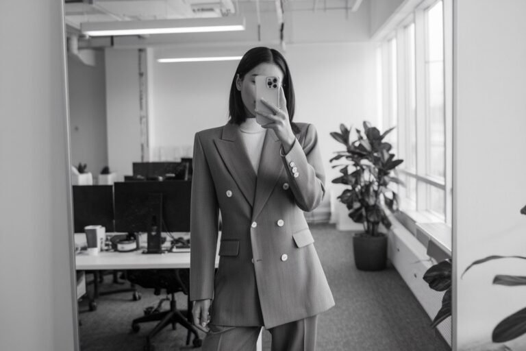Women Structured Blazer Office Style: 5 Powerful Looks with Strong Shoulders 2026! 2 Japanese woman taking a mirror selfie wearing an executive structured blazer outfit with sharp shoulder lines, refined professional setting — women structured blazer office style.